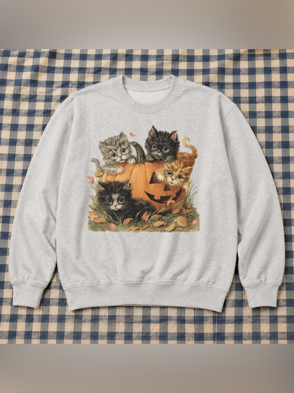 Cute Cat Pumpkin Sweatshirt - Grey Vintage Style Gift For Halloween